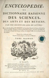 デニスディドロとジャンルロンダレンベールによる百科事典の第1巻のタイトルページ、1751年 作： French School
