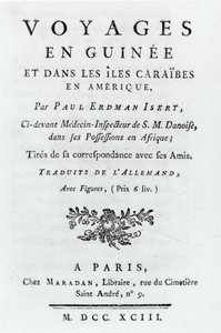 ギニアとアメリカのカリブ諸島の旅行のタイトルページ、ポール・アードマン・イサート著、1743年発行