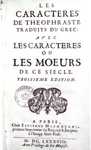 ギリシャ語から翻訳されたLes Caracteres de Theophrasteのタイトルページ、La Bruyere（1645-96）1688によるLes Caracteres ou les mores de ce siecle 作： French School