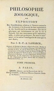 Jean-Baptiste Lamarckによる「PhilosophieZoologique」のタイトルページ、1809年パリで公開 作： French School
