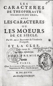 Theophrastuss The Characteres or Mannersのタイトルページ、ジャン・ド・ラ・ブリュイエール（1645-96）1697年訳 作： French School
