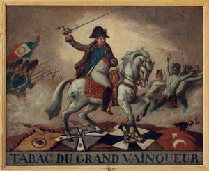 大勝負のタバコに。(ナポレオン・ボナパルト（1769-1821）の騎馬像。キャンバスの裏には四文字が書かれています。「彼のビジネスの成功、百戦錬磨の彼の勝利、他に秘密はない。 作： French School