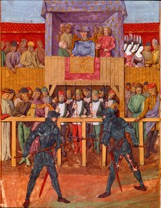 ジャン・V・ド・ベイユ（1406-1477）の「Le Jouvencel」より、ミニチュアの鎧を着た二人の騎士が対戦する試合の場面。 作： French School
