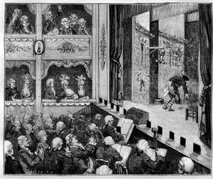 ジャン＝バティスト・ニコレ（1728-1796）のショーに出演した喜劇俳優（1730-1774）のトゥーサン・ガスパール（Toussaint Gaspard） - ケヌイヤックの「Paris a traversles les siecles」に描かれたイラスト 作： French School