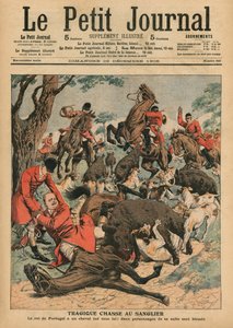 悲惨なイノシシ狩り、ポルトガル国王カルロス1世の馬が彼の下で殺される、「ルプチジャーナル」の表紙イラスト、サプリメントイラスト、1906年12月23日