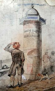 コートリーヌの演劇「Boubouroche」の宣伝ポスターを見るトランプ（紙に水彩画）