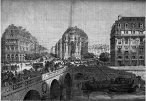 第二帝政期のパリの変貌、オスマン・パリ：セバストポール大通りにあるサン・ミシェル噴水（1860年）の風景。1860年8月18日付「Le Monde Illustré」175号に掲載されたエングレーヴィング。 作： French School