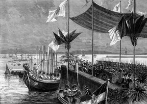 ルイス・ヴァズ・デ・カモエスとヴァスコ・デ・ガマの遺灰の翻訳、ポルトガル、1880年6月9日：ベレンの港で、カモ人として知られる詩人ルイス・ヴァズ・デ・カモエス（1525-1580）と航海士ヴァスコ・デ・ガマ（1459-1524）の遺骸を吠える。L "でのエングレーヴィング 作： French School