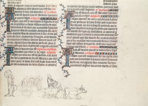 牛が描いた荷車で荷物を運ぶ、ジャン・ド・シーの聖書、1355年頃の未完成のミニチュア