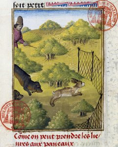 うさぎと狩猟犬のための罠 - "フォワ伯爵、ベアン公ガストン・フィーバスの狩猟の書 "より 作： French School