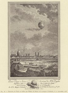 1783年11月21日、ピラトル・ド・ロジエとアーランド侯爵による気球でパリを縦断する様子(エングレーヴィング) 作： French School