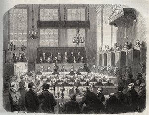 1856年5月に中央刑事裁判所で行われた、ルージュリーでジョン・パーソンズ・クックを毒殺したウィリアム・パーマーの裁判（エングレーヴィング） - 1856年にロンドンの中央刑事裁判所で行われたウィリアム・パーマーの裁判 - Armand Fouquiの "Causes celebres de tous peuples "に掲載されたエングレーヴィング 作： French School
