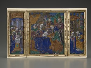トリプティク：割礼、エピファニー、降誕祭 1490年頃（銅にエナメル彩）
