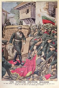 1912年のバルカン戦争、1912年11月の間に捕獲された旗の上を歩くブルガリアの皇帝フェルディナンド1世（1861〜1948年） 作： French School