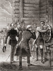 1833年、モスクワとワルシャワの間にクロード・シャップのセマフォを改良した電信線を開通させたニコライ1世（1870年頃出版の『科学の傑作』より）。 作： French School
