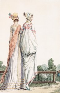 プロムナードドレスの2人の女性、1796 99：女性。伝統的な衣装;伝統的なドレス;ファッション; c18th;ウォーキング;バック;白いドレス;ボンネット;ボンネット;帽子;パーク;庭園;