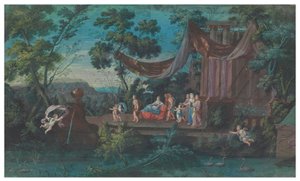 2枚のファンシート：世界の4つの地域からの勇敢なアマゾンの豪華なカルーセル。 17世紀後半、パティを伴って寺院を去る行列（紙にガッシュ） 作： French School