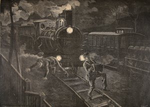 ルプチジャーナルの電車のイラストに見舞われた2人の男性：サプリメントイラストレーター、1898年 作： French School