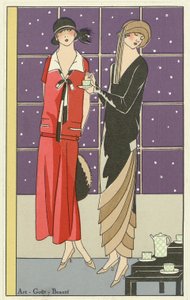 Art-Goût-BeautéパブのJeanPatouとBeerによるお茶を飲み、デザインを着た2人の女性。 1924年