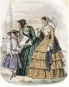 田舎で少女と一緒にいる2人の女性 - "Journal des Demoiselles" 1852年に 作： French School