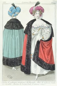 1831年のコスチュームパリジャンからのターバン、ドレス、カシミヤのマントを着た2人の女性 作： French School