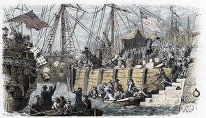 Guerra da Independência dos Estados Unidos: revolta dos colonos americanos (de origem britânica) contra os impostos impostos pelo Parlamento inglês sobre o chá e outros gêneros alimentícios. Eles se disfarçam de índios e jogam a carga do chá no mar após en 作： French School