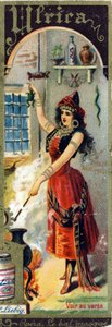 1859年に制作されたジュゼッペ・ヴェルディのオペラ「Le bal masque」に登場するUlrica。女性的な衣装とオペラをテーマにした女性名のアルファベット。リービッヒ広告のクロモリトグラフ。 作： French School