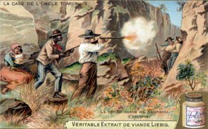アンクル・トムの箱：奴隷商人との戦い。原作はハリエット・ビーチャー・ストウ（1811-1896）の小説。リービッヒ・クロモリトグラフィー。 作： French School