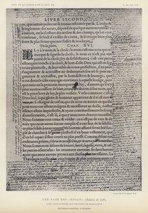モンテーニュ自筆の注釈付き『エッセイ』（1588年版）の1ページ（リトグラフ版 作： French School