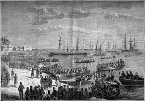1860年7月、イタリア統一軍-千人隊または赤シャツ隊の遠征-ミラッツォ（シチリア）の退去。ボスコ将軍とフランソワ2世のナポリ軍は、ジュゼッペ・ガリバルディのサウザンド軍との戦いに敗れた後、ミラッツォの城塞を後にした。 作： French School