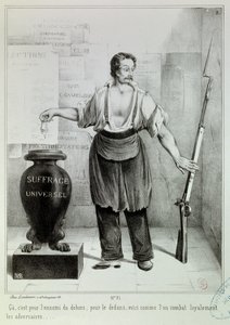 普遍的参政権「投票かライフルか」 ライフルの代わりに投票が敵と戦わなければならない。1848年4月、M.L.ボズレドンによるエングレーヴィング。パリ、カルナヴァレ美術館 作： French School