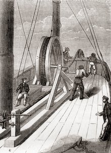 ブレイザー号でドーバー・カレー間の海底ケーブルを解く、1851年12月25日、1870年頃に出版された『Les Merveilles de la Science』より（彫刻画 作： French School