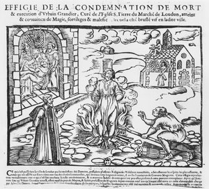 アーバングランディエは1634年のラウダン所有の出来事の後、火をつけられました（木版画）