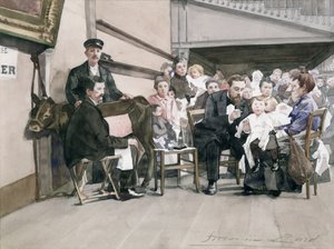 パリのインスティトゥートドゥラワクチン病院での乳幼児のワクチン接種、1900年頃（紙にトイレ） 作： French School