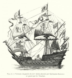 16世紀の軍艦、Guillaume Barendszが描き、Cl Visscherが彫った。 作： French School