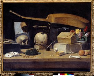 トランプ、楽器、頭蓋骨のあるヴァニタス静物（ヴァニテ）。フランス派の絵画。17世紀太陽 0.72x0.9 m