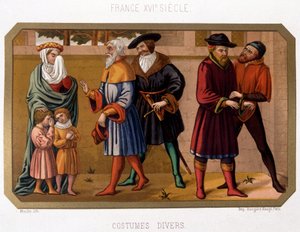 16世紀のブルジョワジーの様々なコスチューム - クロモ。時代資料を基にした19世紀 作： French School