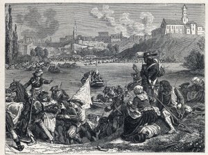 ヴァンデ戦争（1793-1796）：Choletの戦いで敗れたヴァンデ人が10月18日にLoireに戻ってきた 作： French School
