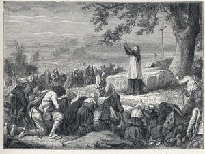 ヴァンデ戦争（1793〜1796年）。宣誓した司祭を拒絶する反乱軍のために、樫の木の下でミサを祝う司祭の挿話。1889年のエングレーヴィング。個人蔵。 作： French School