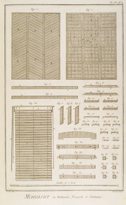 1765年のDiderots EncylcopaediaのMenuisiers et Batimentsセクションのベネチアンブラインド、寄木細工の床、格子スクリーン（紙に彫刻） 作： French School