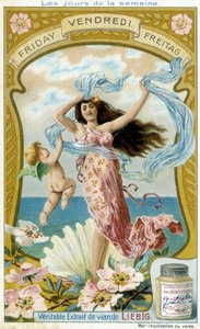 金星のイラストは金曜日。リービッヒ・クロモリグラフィック広告カード。