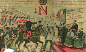 ボナパルティスト支持者の先頭に立つヴィクトル・ナポレオン（1862-1926）。ナポレオン1世の最後の継承者は、1886年に第三共和国で可決された法律により、亡命せざるを得なくなった。1889年3月30日にパリで発行された「Le Figaro, supplement」に掲載されたエングレーヴィング。 作： French School