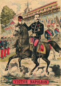 ボナパルティスト支持者の先頭に立つヴィクトル・ナポレオン（1862-1926）。ナポレオン1世の最後の継承者は、1886年に第三共和制で可決された法律により亡命せざるを得なかった。1889年3月30日、パリの「ル・フィガロ」紙に掲載された版画。コル。Selva。