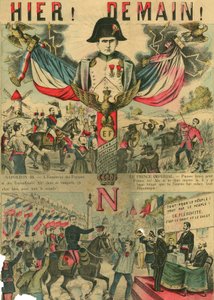 ボナパルティスト支持者の先頭に立つヴィクトル・ナポレオン（1862-1926）。ナポレオン1世の最後の継承者は、1886年に第三共和制で可決された法律により亡命せざるを得なかった。1889年3月30日、パリの『ル・フィガロ』誌に掲載された版画。 作： French School