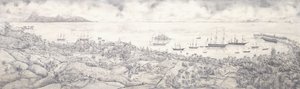 19世紀半ば、タヒチ島パペーテのモーレア島に向かって港を見下ろす景色 作： French School