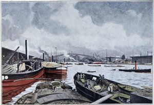 パリの景色、セーヌ川とヴィレットの盆地、ブランの水彩画。1889. 作： French School