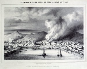 1843年8月2日の地震後のポワント・ア・ピートル（Pointe-a-Pitre）の眺め。19世紀のエングレービング シャルトル、ボザール美術館 作： French School