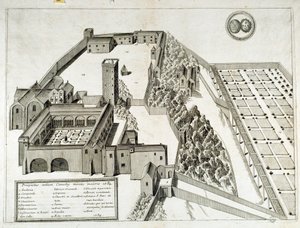 フランス、アルル、948年に設立されたサン・ピエール・ド・モンマジュール（またはモンマジュール）のベネディクト会修道院の眺め（エングレービング 作： French School