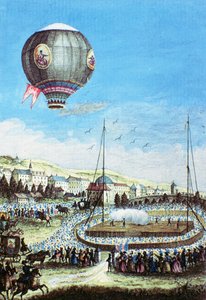 1784年1月10日のリヨンのブロルトーとモンゴルフィエ熱気球の3回目の飛行の様子（カラー彫刻） 作： French School