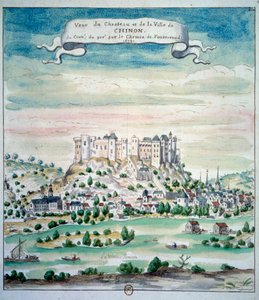 シノン・シャトーの眺め フランス派の水彩画。1699年 パリ、B.N. 作： French School